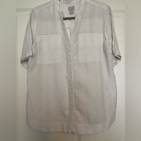 CHICO'S  Metallic Stripe Lightweight Linen Camp Shirt Size Chico's 2 (12/14) - Picture 1 of 9